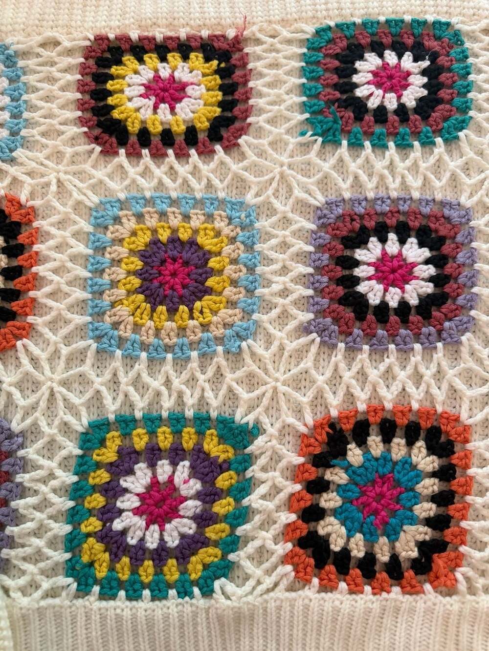 BiBi Granny Square Crochet Pullover Cream Sweater Size L - Picture 2 of 5